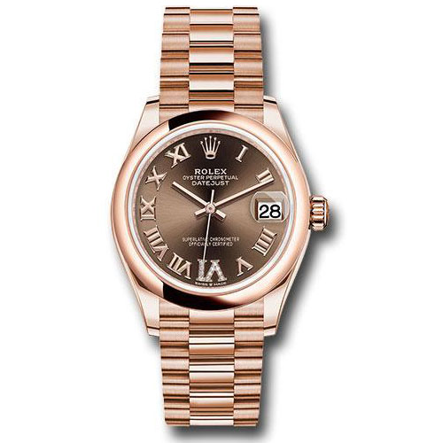 Rolex Everose Gold Datejust 31 Watch - Domed Bezel - Chocolate Diamond Six Dial - President Bracelet - 278245 chodr6p