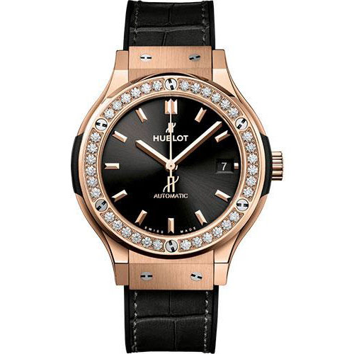 Hublot Classic Fusion King Gold Diamonds Watch - 38 mm - Black Dial - Black Rubber and Leather Strap-565.OX.1480.LR.1204