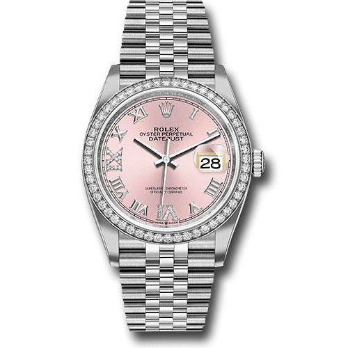 Rolex Steel Datejust 36 Watch - Diamond Bezel - Pink Diamond Roman VI and IX Dial - Jubilee Bracelet - 2019 Release - 126284RBR pdr69j