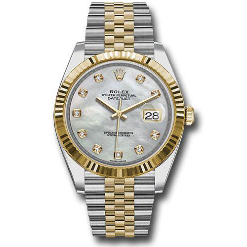 Rolex Steel and Yellow Gold Rolesor Datejust 41 Watch - Fluted Bezel - White Mother-Of-Pearl Diamond Dial - Jubilee Bracelet - 126333 mdj