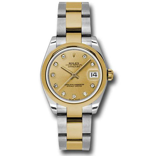 Rolex Steel and Yellow Gold Datejust 31 Watch - Domed Bezel - Champagne Diamond Dial - Oyster Bracelet - 178243 chdo