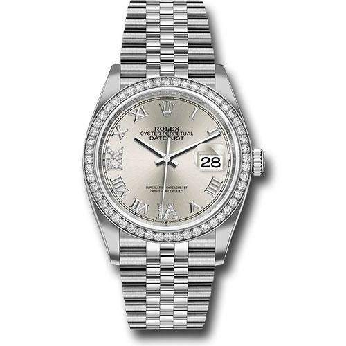Rolex Steel Datejust 36 Watch - Diamond Bezel - Silver Diamond Roman VI and IX Dial - Jubilee Bracelet - 2019 Release - 126284RBR sdr69j