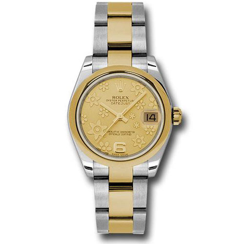 Rolex Steel and Yellow Gold Datejust 31 Watch - Domed Bezel - Champagne Floral Motif Dial - Oyster Bracelet - 178243 chfo