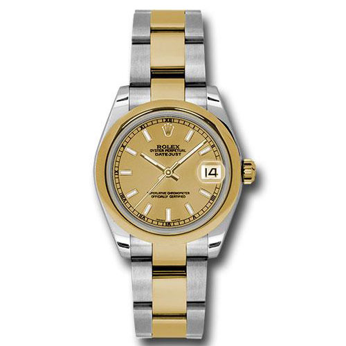 Rolex Steel and Yellow Gold Datejust 31 Watch - Domed Bezel - Champagne Index Dial - Oyster Bracelet - 178243 chio
