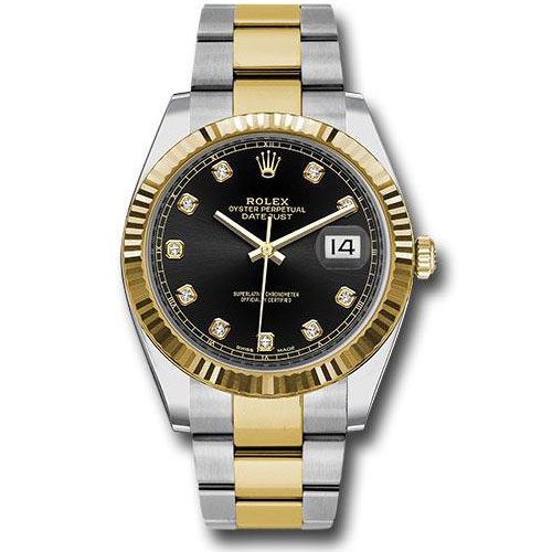 Rolex Steel and Yellow Gold Rolesor Datejust 41 Watch - Fluted Bezel - Black Diamond Dial - Oyster Bracelet - 126333 bkdo