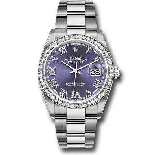 Rolex Steel Datejust 36 Watch - Diamond Bezel - Aubergine Purple Diamond Roman VI and IX Dial - Oyster Bracelet - 2019 Release - 126284RBR audr69o