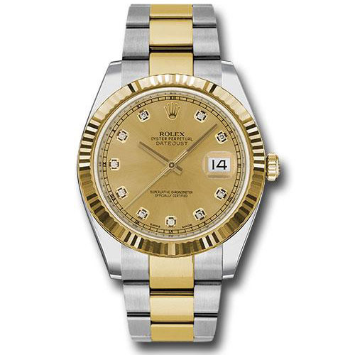 Rolex Steel and Yellow Gold Rolesor Datejust 41 Watch - Fluted Bezel - Champagne Diamond Dial - Oyster Bracelet - 126333 chdo