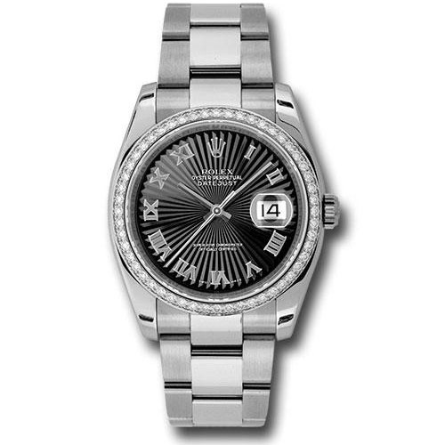 Rolex Steel and White Gold Datejust 36 Watch - 52 Diamond Bezel - Black Sunbeam Roman Dial - Oyster Bracelet - 116244 bksbro
