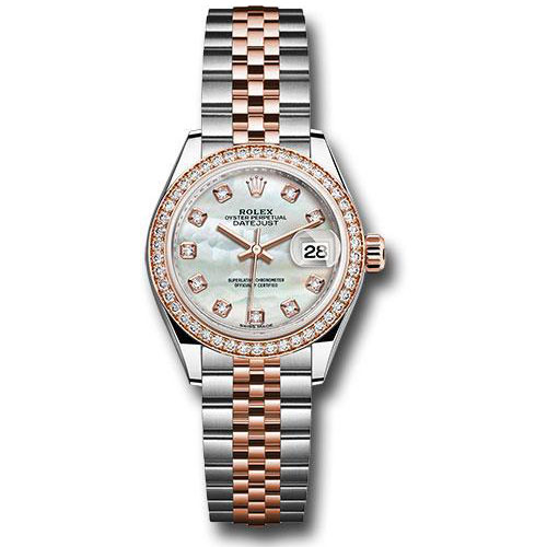 Rolex Steel and Everose Gold Rolesor Lady-Datejust 28 Watch - Diamond Bezel - White Mother-Of-Pearl Diamond Dial - Jubilee Bracelet - 279381RBR mdj
