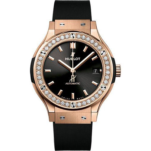 Hublot Classic Fusion King Gold Diamonds Watch - 38 mm - Black Dial - Black Lined Rubber Strap-565.OX.1480.RX.1204
