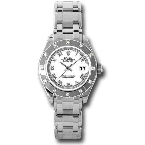 Rolex White Gold Lady-Datejust Pearlmaster 29 Watch - 12 Diamond Bezel - White Roman Dial - 80319 wr