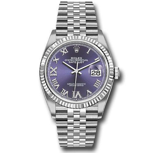 Rolex Steel Datejust 36 Watch - Fluted Bezel - Aubergine Purple Diamond Roman VI and IX Dial - Jubilee Bracelet - 2019 Release - 126234 audr69j