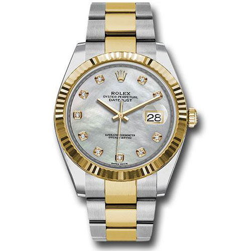 Rolex Steel and Yellow Gold Rolesor Datejust 41 Watch - Fluted Bezel - White Mother-Of-Pearl Diamond Dial - Oyster Bracelet - 126333 mdo