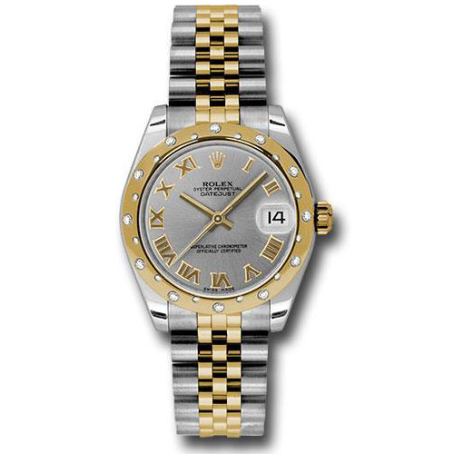 Rolex Steel and Yellow Gold Datejust 31 Watch - 24 Diamond Bezel - Grey Roman Dial - Jubilee Bracelet - 178343 grj