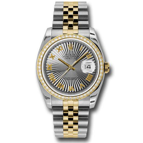 Rolex Steel and Yellow Gold Rolesor Datejust 36 Watch - 52 Brilliant-Cut Diamond Bezel - Grey Sunbeam Roman Dial - Jubilee Bracelet - 116243 gsbrj