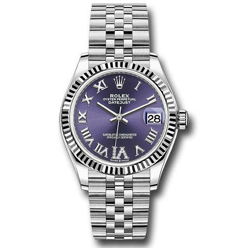 Rolex Steel and White Gold Datejust 31 Watch - Fluted Bezel - Aubergine Roman Diamond 6 Dial - Jubilee Bracelet - 278274 aubdr6j