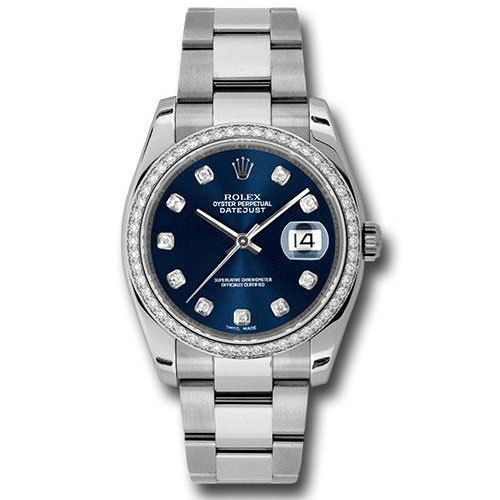 Rolex Steel and White Gold Datejust 36 Watch - 52 Diamond Bezel - Blue Diamond Dial - Oyster Bracelet - 116244 bldo