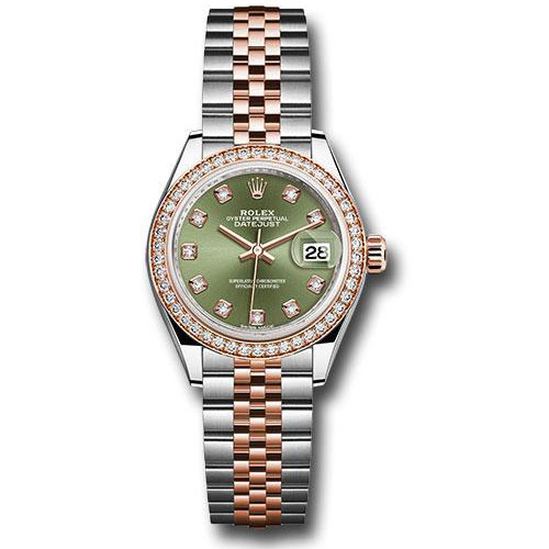 Rolex Steel and Everose Gold Rolesor Lady-Datejust 28 Watch - Diamond Bezel - Olive Green Diamond Dial - Jubilee Bracelet - 279381RBR ogdj