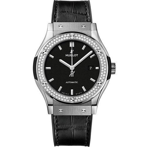 Hublot Classic Fusion Titanium Diamonds Watch - 42 mm - Black Dial - Black Rubber and Leather Strap-542.NX.1171.LR.1104