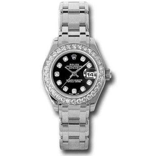 Rolex White Gold Lady-Datejust Pearlmaster 29 Watch - 32 Diamond Bezel - Black Diamond Dial - 80299 bkd
