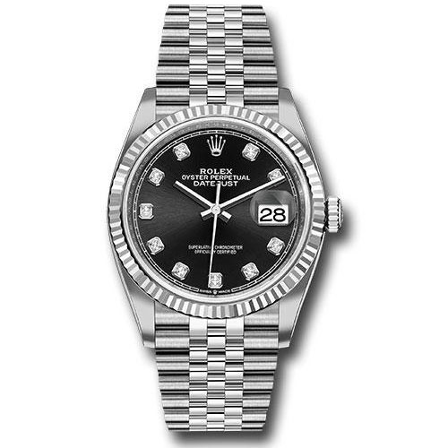 Rolex Steel Datejust 36 Watch - Fluted Bezel - Black Diamond Dial - Jubilee Bracelet - 2019 Release - 126234 bkdj