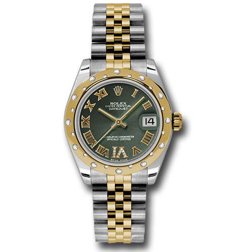 Rolex Steel and Yellow Gold Datejust 31 Watch - 24 Diamond Bezel - Olive Green Diamond Roman Vi Roman Dial - Jubilee Bracelet - 178343 ogdrj