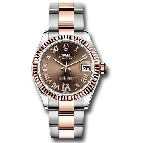 Rolex Steel and Everose Gold Datejust 31 Watch - Fluted Bezel - Dark Rhodium Diamond Roman VI Dial - Oyster Bracelet - 278271 chodr6o