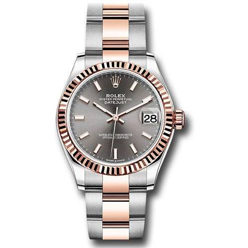Rolex Steel and Everose Gold Datejust 31 Watch - Fluted Bezel - Dark Rhodium Index Dial - Oyster Bracelet - 278271 dkrhio