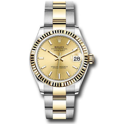 Rolex Steel and Yellow Gold Datejust 31 Watch - Fluted Bezel - Champagne Index Dial - Oyster Bracelet - 278273 chio