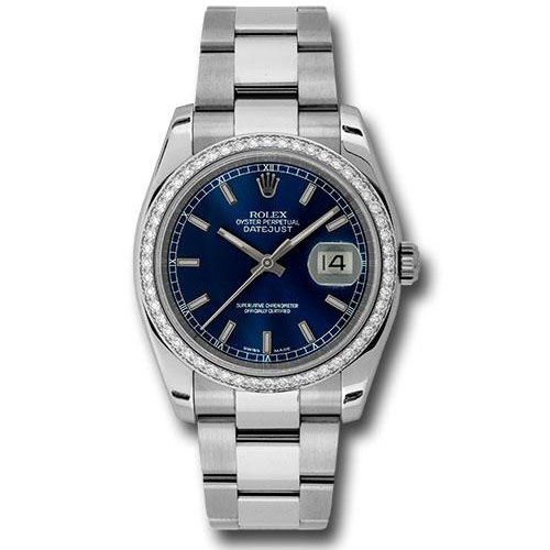 Rolex Steel and White Gold Datejust 36 Watch - 52 Diamond Bezel - Blue Index Dial - Oyster Bracelet - 116244 blio
