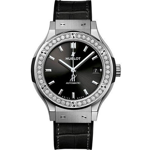 Hublot Classic Fusion Titanium Diamonds Watch - 38 mm - Black Dial - Black Rubber and Leather Strap-565.NX.1470.LR.1204