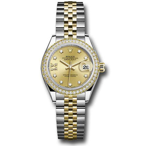 Rolex Steel and Yellow Gold Rolesor Lady-Datejust 28 Watch - Diamond Bezel - Champagne Diamond Star Dial - Jubilee Bracelet - 279383RBR ch9dix8dj
