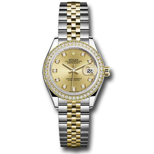 Rolex Steel and Yellow Gold Rolesor Lady-Datejust 28 Watch - Diamond Bezel - Champagne Diamond Dial - Jubilee Bracelet - 279383RBR chdj