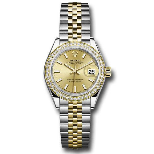 Rolex Steel and Yellow Gold Rolesor Lady-Datejust 28 Watch - Diamond Bezel - Champagne Index Dial - Jubilee Bracelet - 279383RBR chij