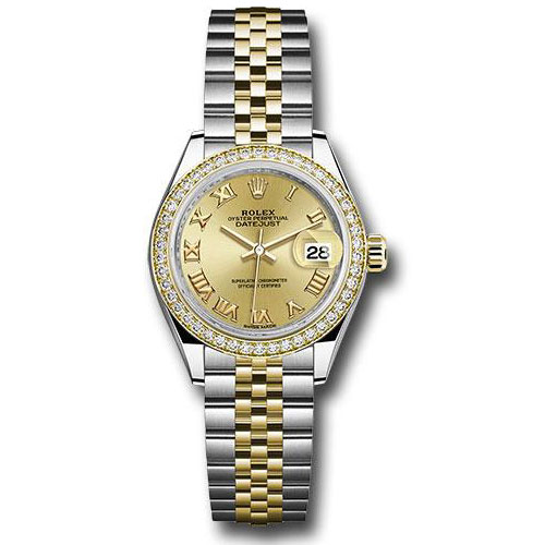 Rolex Steel and Yellow Gold Rolesor Lady-Datejust 28 Watch - Diamond Bezel - Champagne Roman Dial - Jubilee Bracelet - 279383RBR chrj