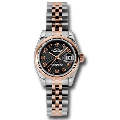 Rolex Steel and Everose Gold Rolesor Lady Datejust 26 Watch - Domed Bezel - Black Concentric Circle Arabic Dial - Jubilee Bracelet - 179161 bkcaj