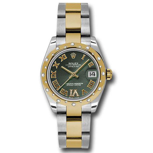 Rolex Steel and Yellow Gold Datejust 31 Watch - 24 Diamond Bezel - Olive Green Diamond Roman Vi Roman Dial - Oyster Bracelet - 178343 ogdro