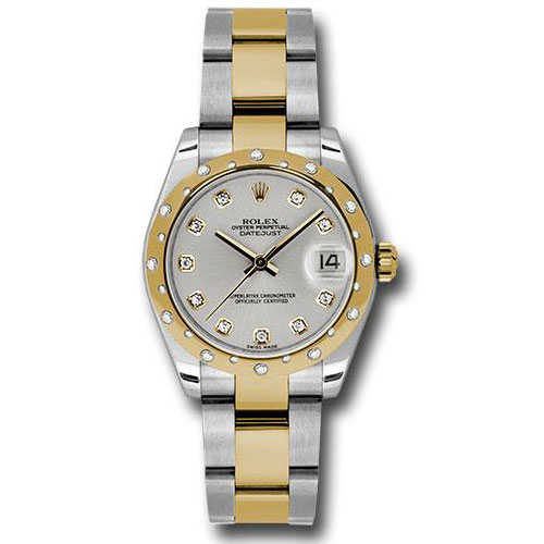 Rolex Steel and Yellow Gold Datejust 31 Watch - 24 Diamond Bezel - Silver Diamond Dial - Oyster Bracelet - 178343 sdo