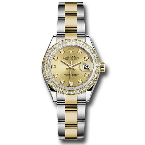 Rolex Steel and Yellow Gold Rolesor Lady-Datejust 28 Watch - Diamond Bezel - Champagne Diamond Dial - Oyster Bracelet - 279383RBR chdo