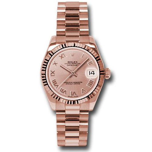 Rolex Pink Gold Datejust 31 Watch - Fluted Bezel - Pink Champagne Roman Dial - President Bracelet - 178275 prp