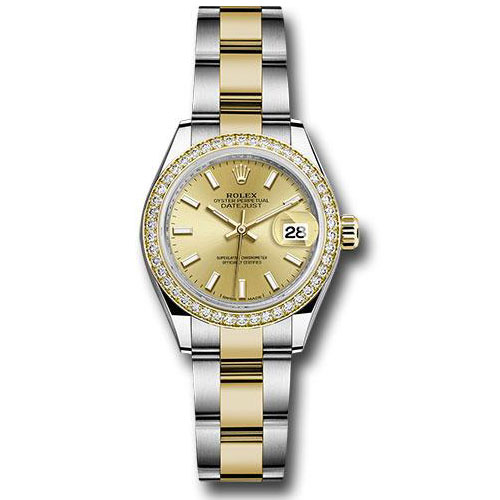 Rolex Steel and Yellow Gold Rolesor Lady-Datejust 28 Watch - Diamond Bezel - Champagne Index Dial - Oyster Bracelet - 279383RBR chio