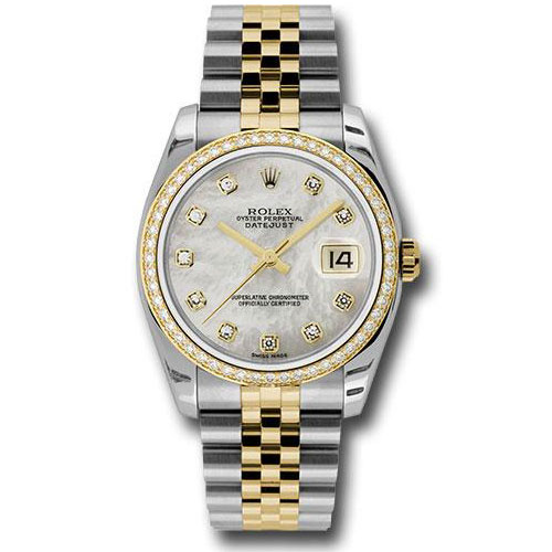 Rolex Steel and Yellow Gold Rolesor Datejust 36 Watch - 52 Brilliant-Cut Diamond Bezel - Mother-Of-Pearl Diamond Dial - Jubilee Bracelet - 116243 mdj