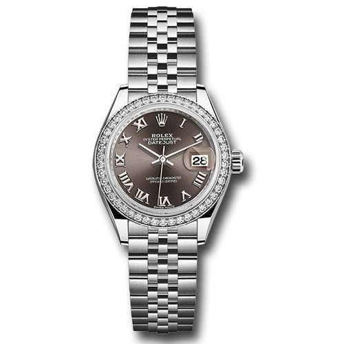 Rolex Steel and White Gold Rolesor Lady-Datejust 28 Watch - 44 Diamond Bezel - Dark Grey Roman Dial - Jubilee Bracelet - 279384RBR dgrj