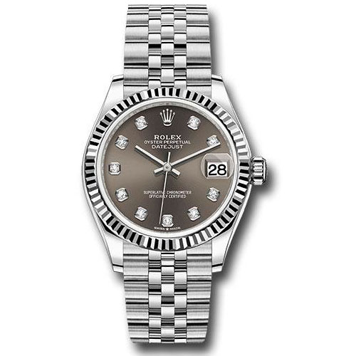 Rolex Steel and White Gold Datejust 31 Watch - Fluted Bezel - Dark Grey Diamond Dial - Jubilee Bracelet - 278274 dkgdj