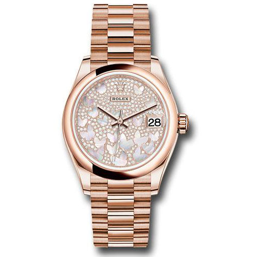 Rolex Everose Gold Datejust 31 Watch - Domed Bezel - Diamond Paved Butterfly Dial - President Bracelet - 278245 pmopbp