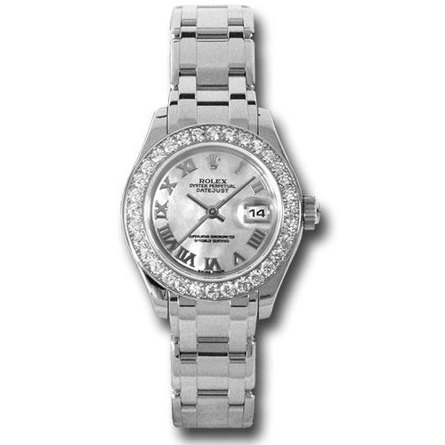 Rolex White Gold Lady-Datejust Pearlmaster 29 Watch - 32 Diamond Bezel - Mother-Of-Pearl Roman Dial - 80299 mr