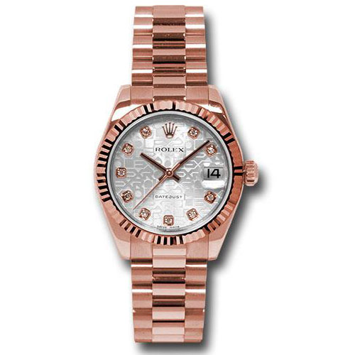 Rolex Pink Gold Datejust 31 Watch - Fluted Bezel - Silver Jubilee Diamond Dial - President Bracelet - 178275 sjdp