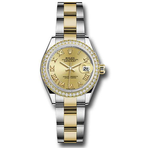 Rolex Steel and Yellow Gold Rolesor Lady-Datejust 28 Watch - Diamond Bezel - Champagne Roman Dial - Oyster Bracelet - 279383RBR chro