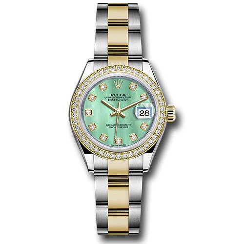 Rolex Steel and Yellow Gold Rolesor Lady-Datejust 28 Watch - Diamond Bezel - Mint Green Diamond Dial - Oyster Bracelet - 279383RBR mgdo