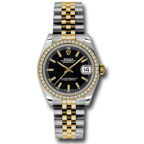 Rolex Steel and Yellow Gold Datejust 31 Watch - 46 Diamond Bezel - Black Index Dial - Jubilee Bracelet - 178383 bkij